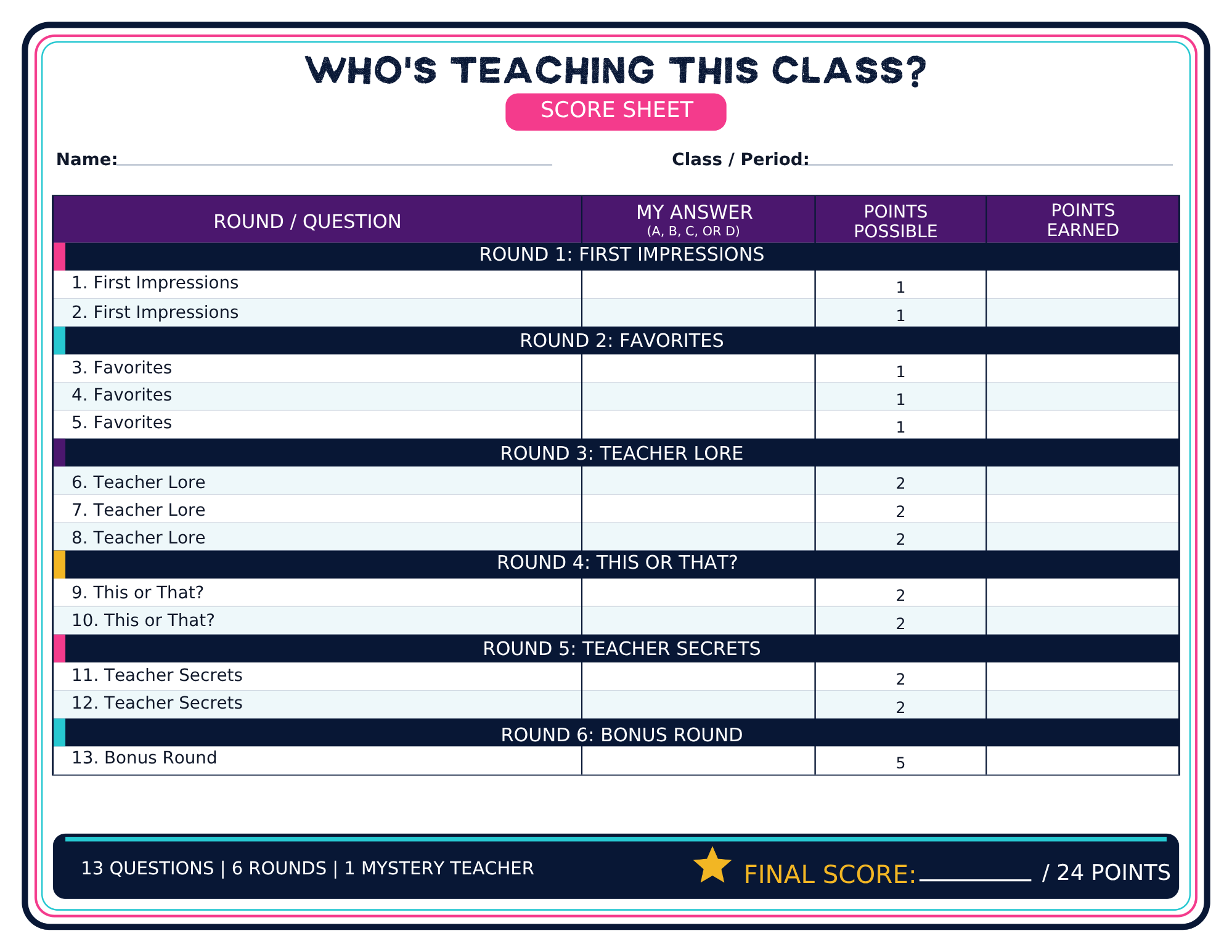 Who’s Teaching This Class? Editable Teacher Trivia Game