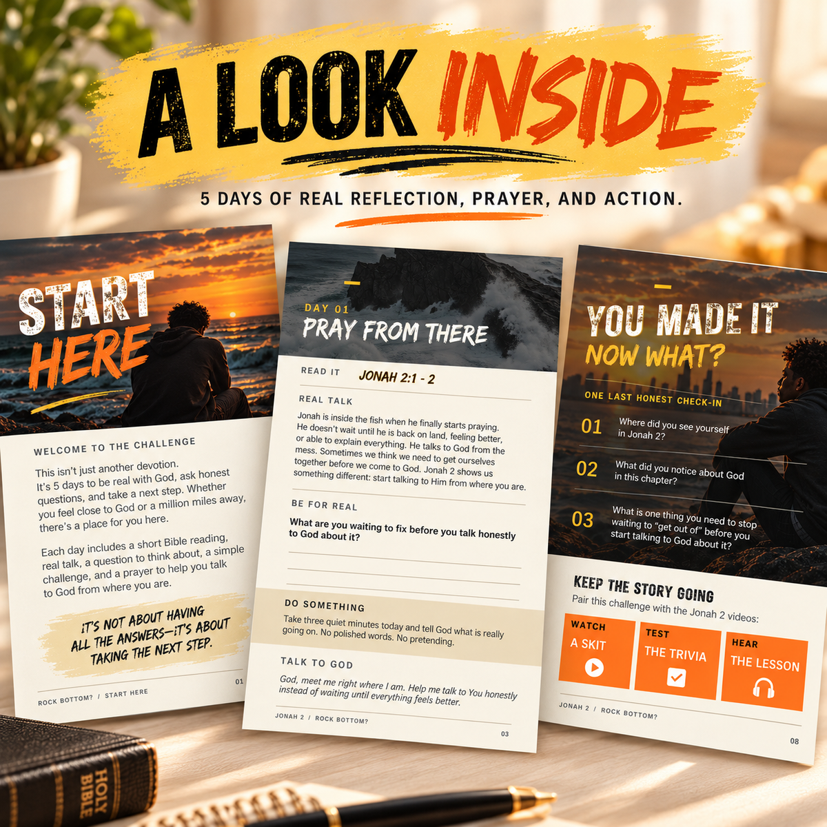 Inside preview of the Jonah Chapter 2 Rock Bottom teen devotional featuring Bible reading, prayer, reflection questions, and daily faith challenges.