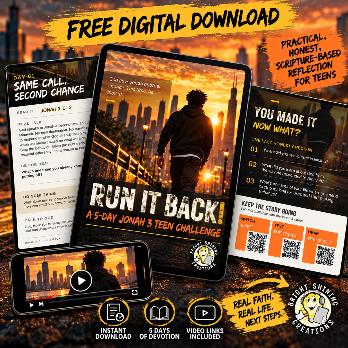 RUN IT BACK Jonah 3 teen devotional with Bible study page previews, video links, and free digital download details.