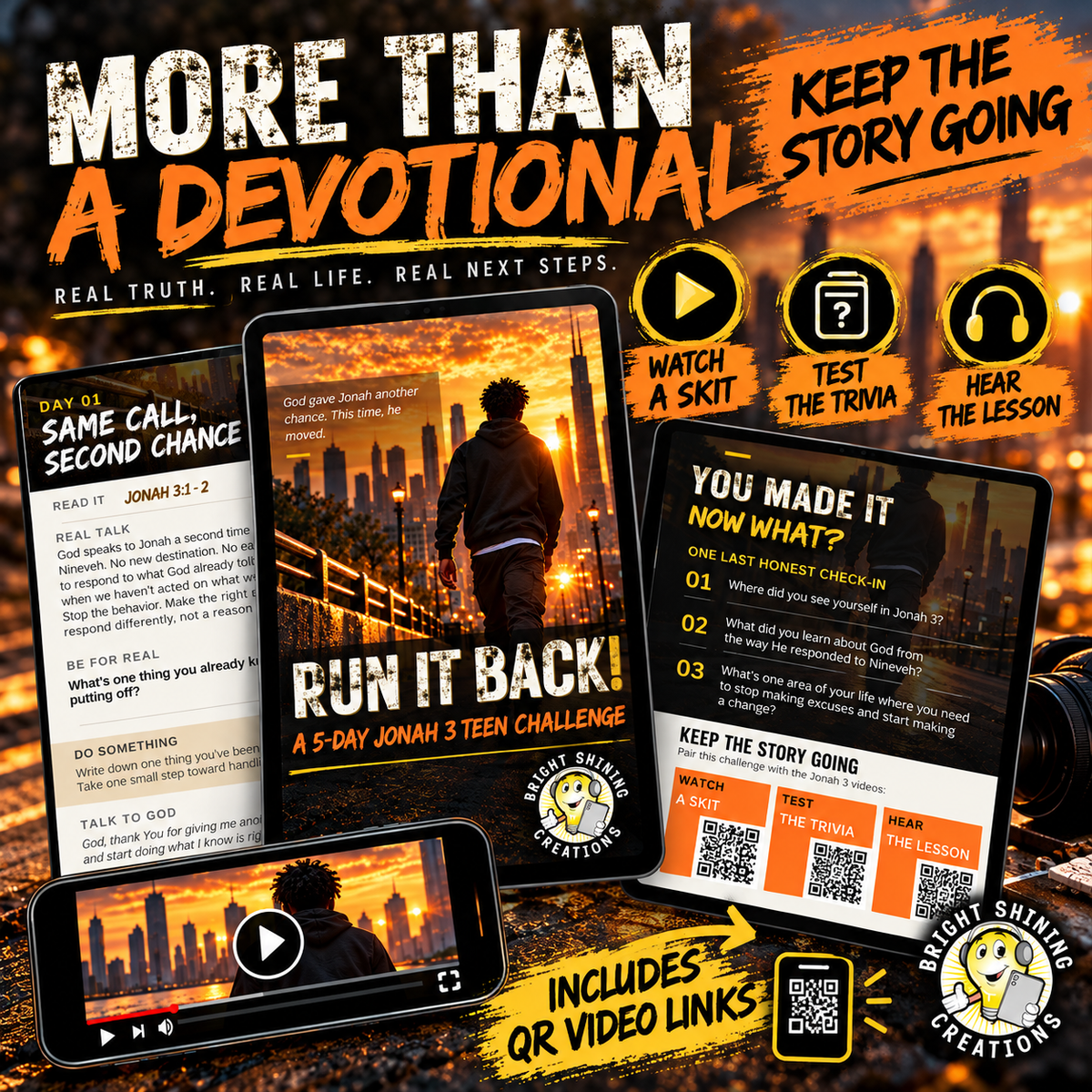 Jonah 3 teen devotional preview highlighting Bible skits, trivia, video lessons, and interactive Scripture challenges.