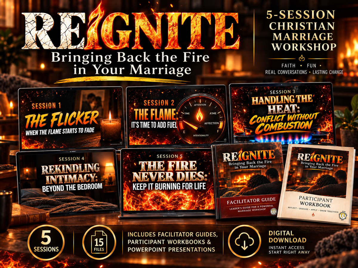 Reignite complete 5-session Christian marriage workshop with facilitator guides, participant workbooks and presentation materials.