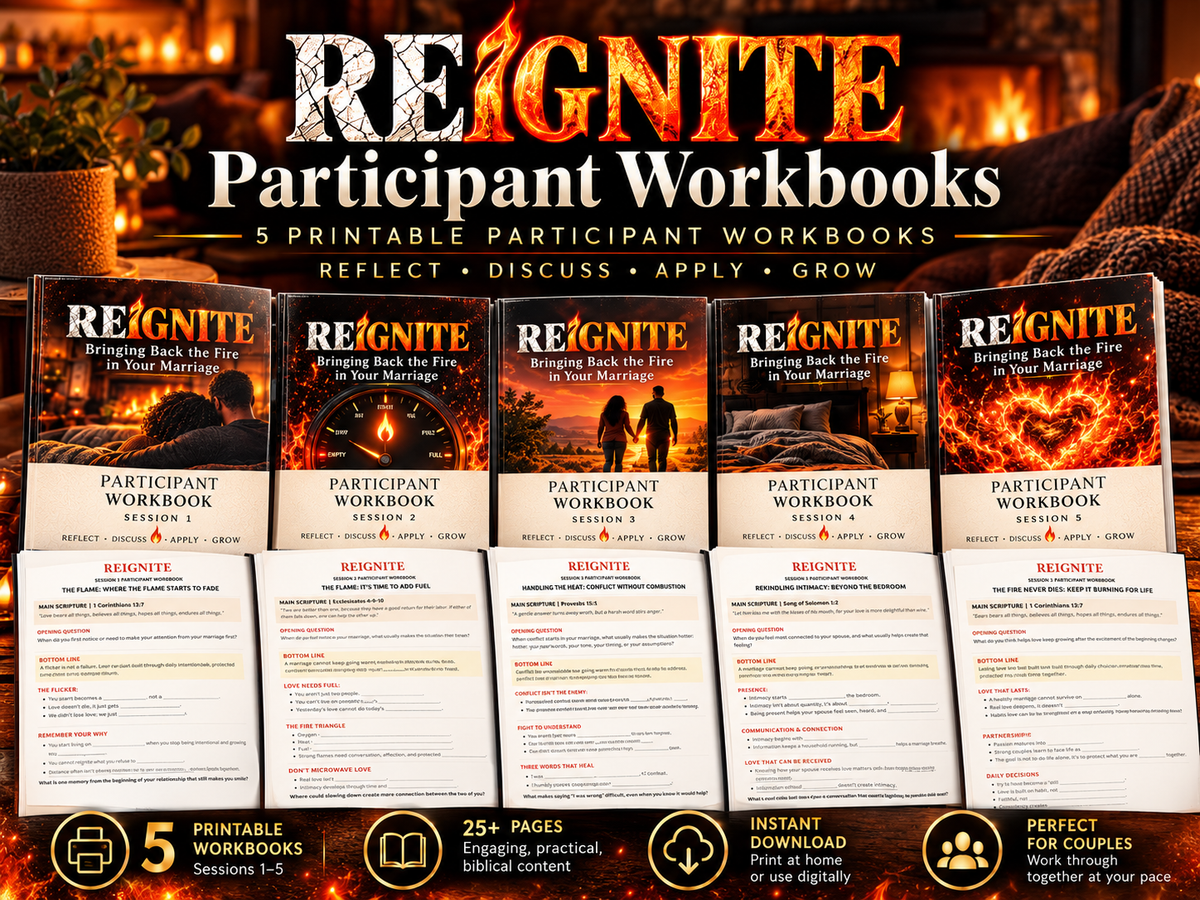 Reignite printable participant workbooks for five marriage workshop sessions with reflection, discussion and application activities.