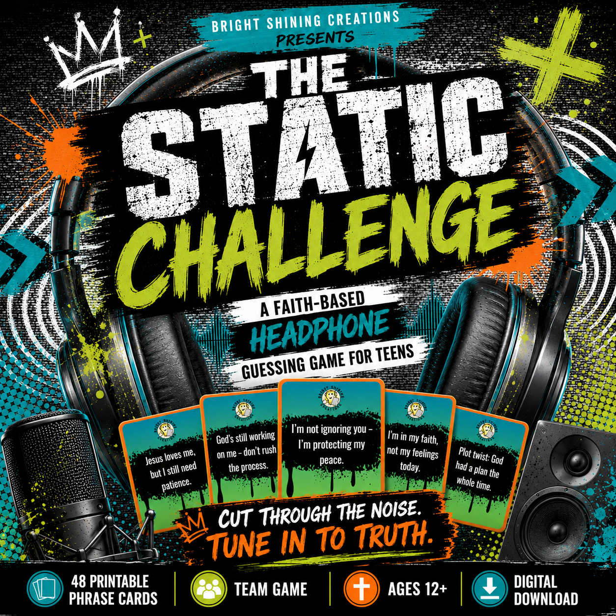 The Static Challenge faith-based headphone guessing game for teens with 48 printable phrase cards