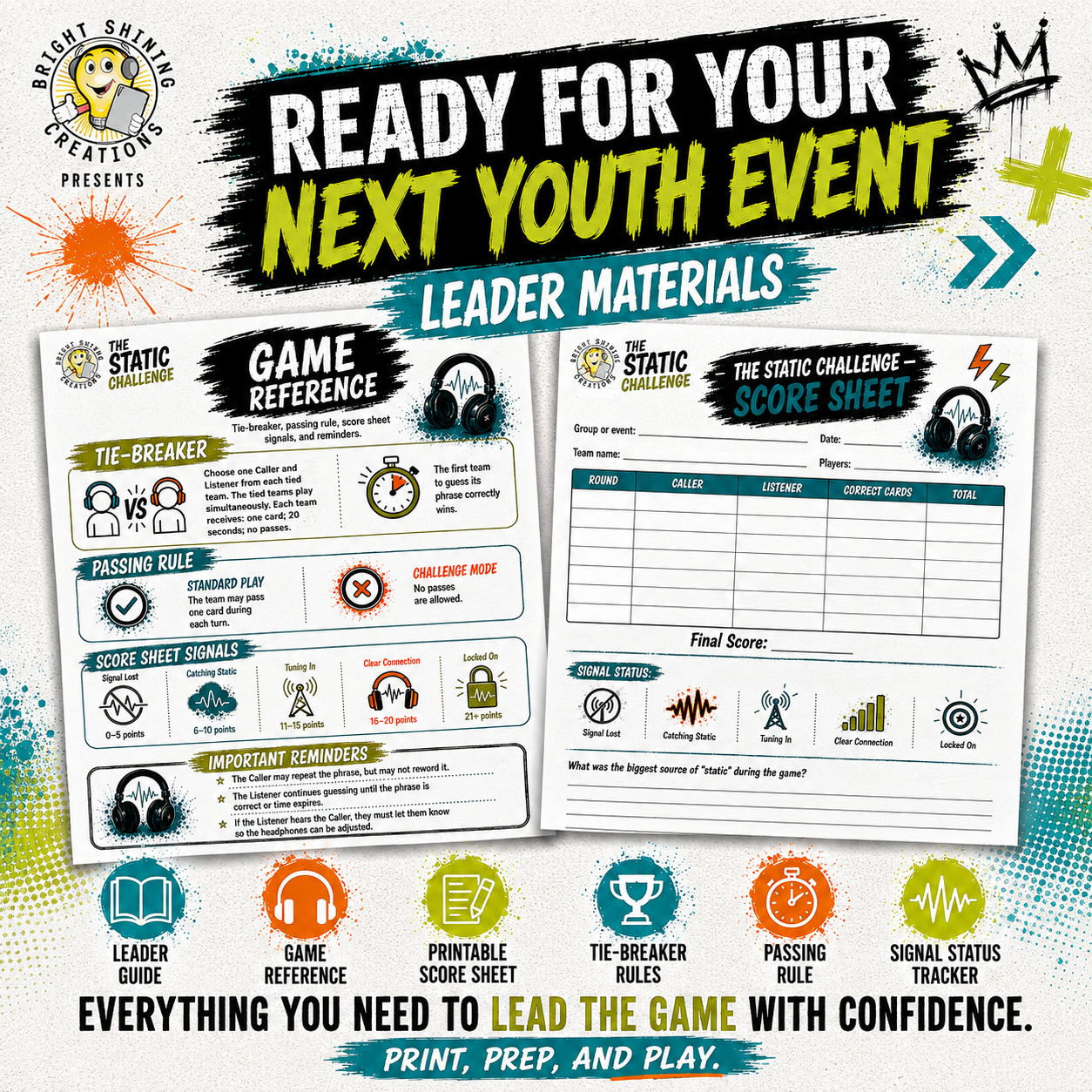 The Static Challenge leader materials including game reference and printable team score sheet