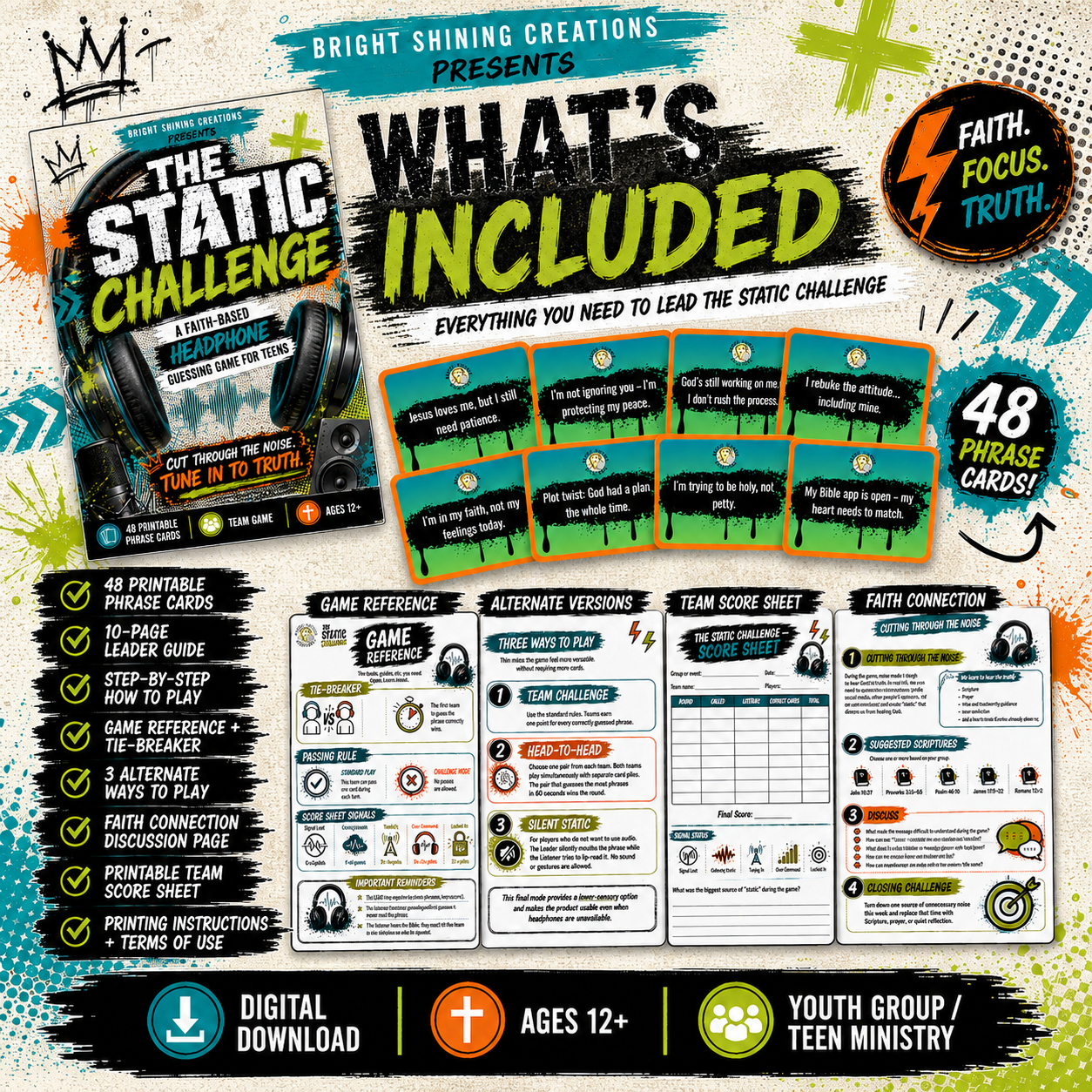 What is included in The Static Challenge printable youth ministry headphone game