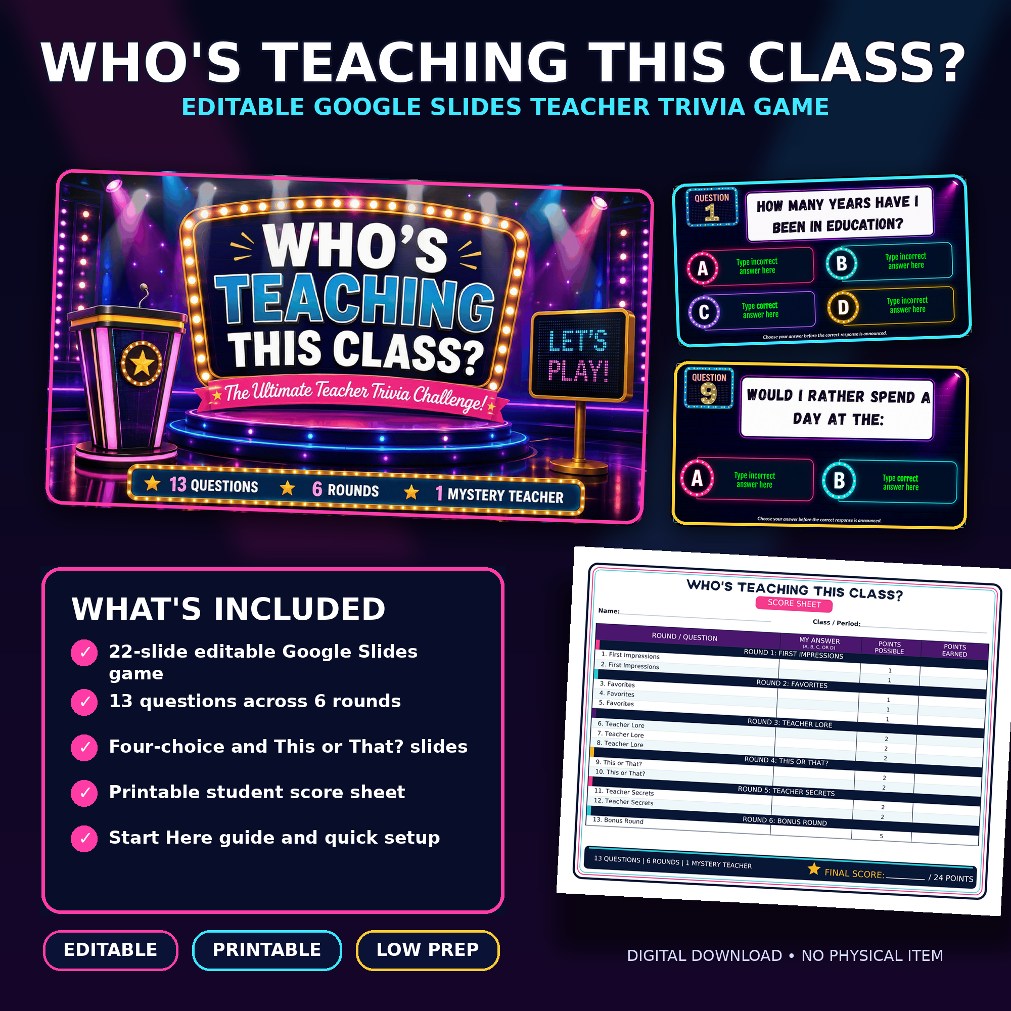 Who’s Teaching This Class? Editable Teacher Trivia Game