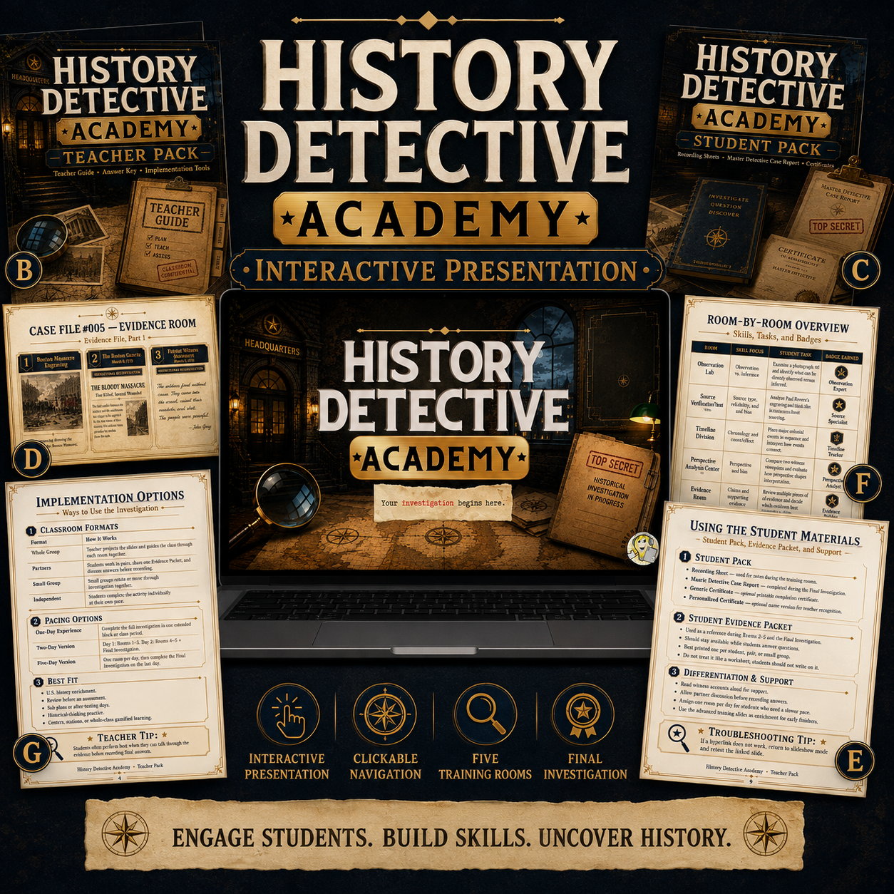 Interactive American Revolution Google Slides investigation with clickable navigation and five training rooms