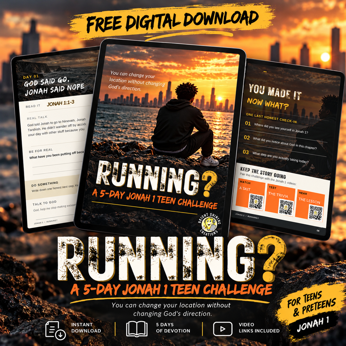 Day 1 preview of the RUNNING? Jonah 1 teen devotional featuring God Said Go, But Jonah Said Nope.