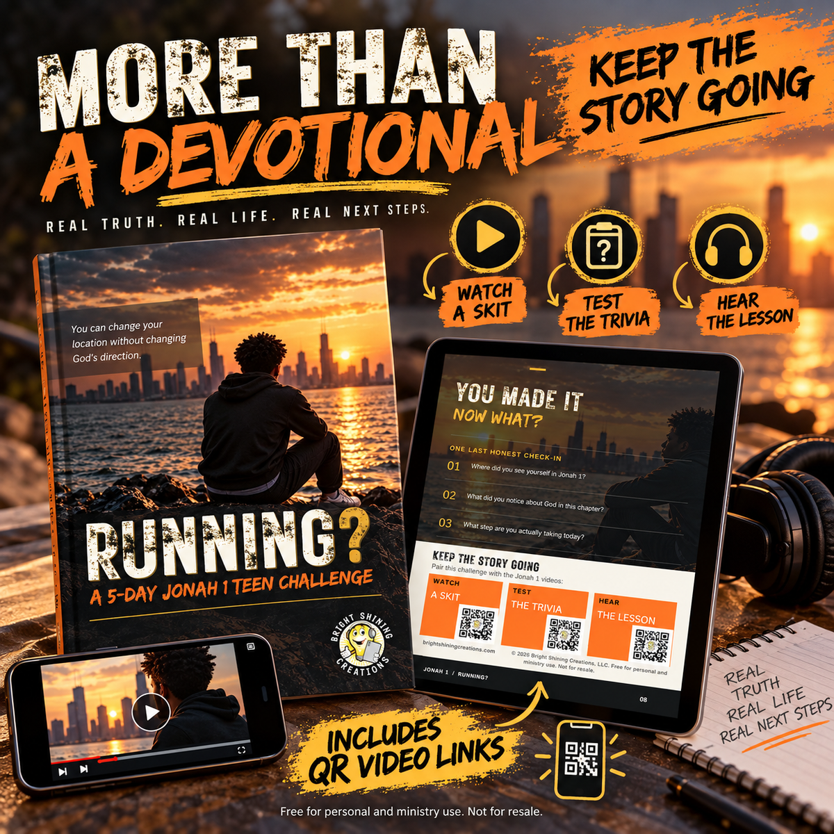 Inside the RUNNING? Jonah 1 teen challenge with Read It, Real Talk, Be For Real, Do Something, Talk to God, plus skit, trivia, and lesson video links.