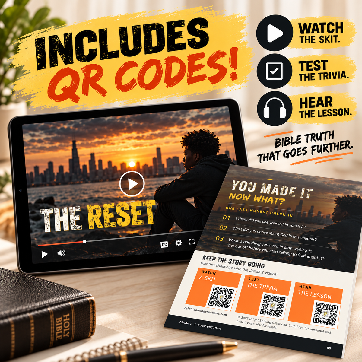 Jonah Chapter 2 interactive teen Bible devotional with QR codes connecting students to The Reset Bible lesson, funny skits, and Bible trivia videos.