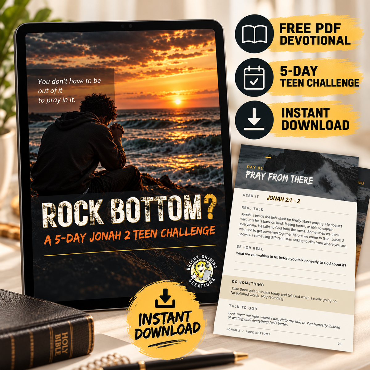 Rock Bottom Jonah Chapter 2 free teen devotional displayed on a tablet with a five-day Bible challenge, sample activity page, and instant PDF download details.