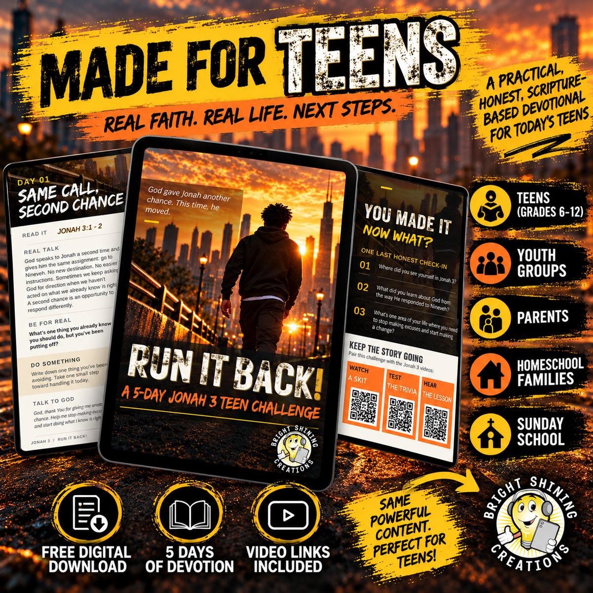 RUN IT BACK Jonah 3 devotional with page previews for teens, youth groups, parents, homeschool families, and Sunday school.