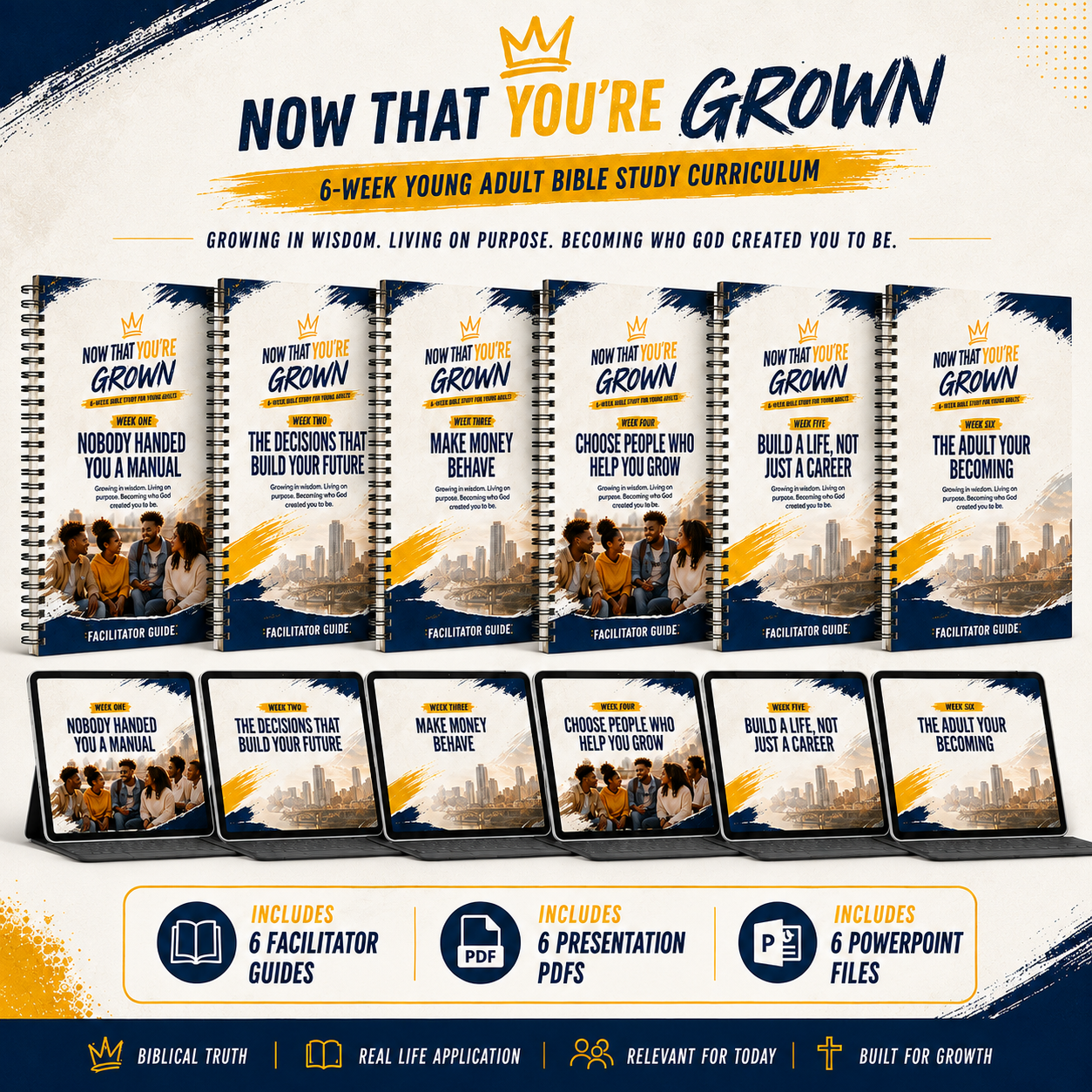 Now That You’re Grown 6-week young adult Bible study curriculum with six facilitator guides, presentation PDFs, and PowerPoint files.