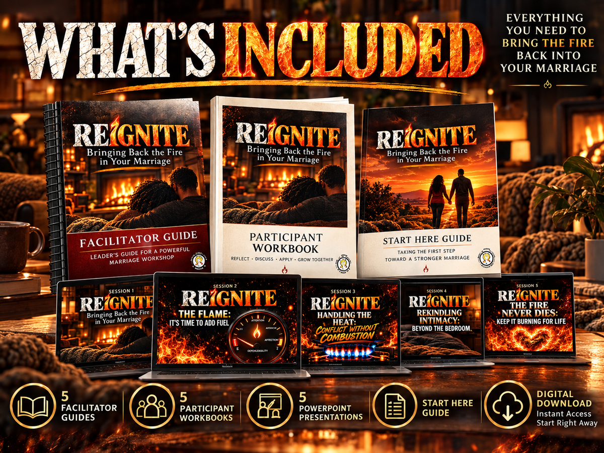 Reignite marriage workshop bundle with facilitator guides, participant workbooks, PowerPoint presentations and Start Here guide.