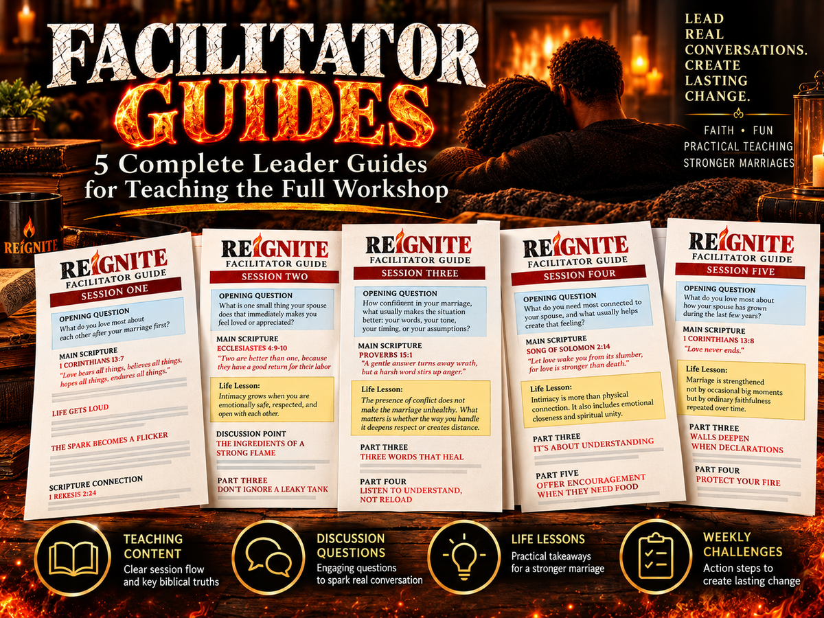 Reignite facilitator guides for leading five Christian marriage workshop sessions with biblical teaching and discussion.