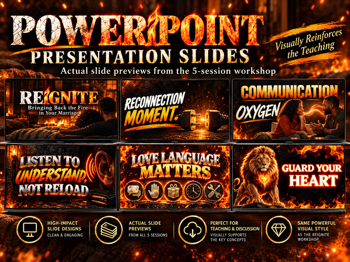 Reignite PowerPoint presentation previews showing visual teaching slides from the five-session Christian marriage workshop.