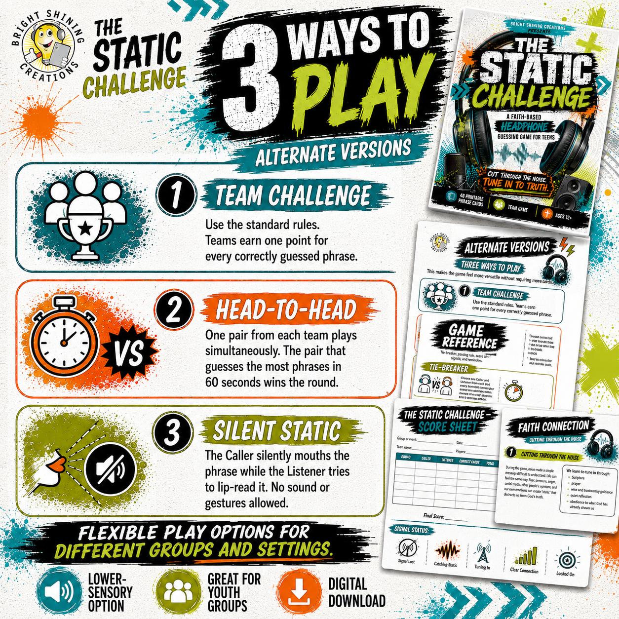 Three ways to play The Static Challenge: Team Challenge, Head-to-Head, and Silent Static